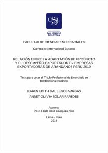 Relación entre la adaptación de producto y el desempeño exportador en empresas exportadoras de arándanos Perú 2019