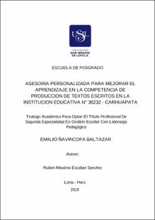 Asesoría personalizada para mejorar el aprendizaje en la competencia de producción de textos escritos en la Institución Educativa N° 36232 – Carhuapata