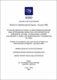 Plan de negocio para la implementación deuna veterinaria móvil en los distritos de Arequipa, Cayma, Yanahuara, cerro Colorado y José Luis Bustamante y Rivero en el 2022