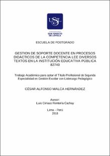 Gestión de soporte docente en procesos didácticos de la competencia lee diversos textos en la Institución Educativa Pública N° 82740